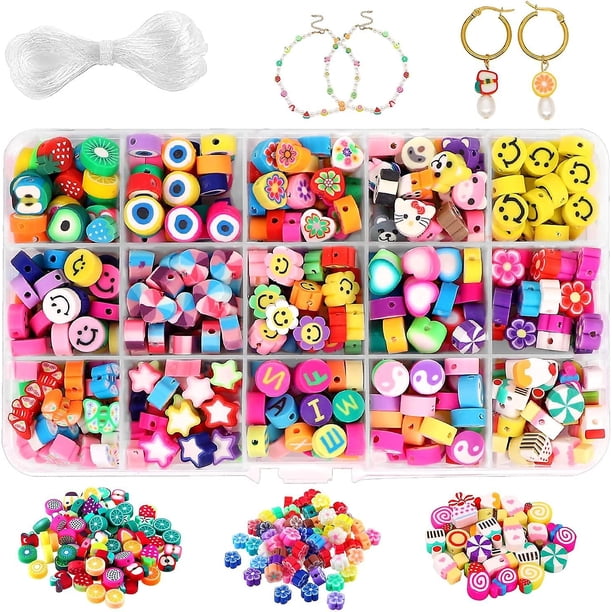 300 cuentas de arcilla de polímero, cuentas hechas a mano de frutas Smiley, cuentas suaves de letras de flores de 15 estilos para niñas, joyería para hacer bricolaje Afortunado Sencillez