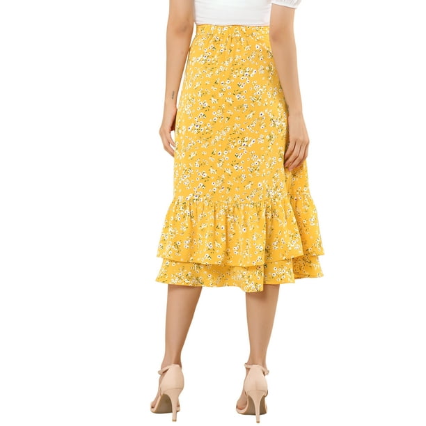 Jupe midi en tissu imprimé noir et blanc avec volants