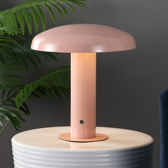 JONATHAN Y Suillius 11" Contemporary Bohemian Rechargeable/Cordless Iron Dimmable Integrated LED Mushroom Table Lamp, Pink, JYL7114E