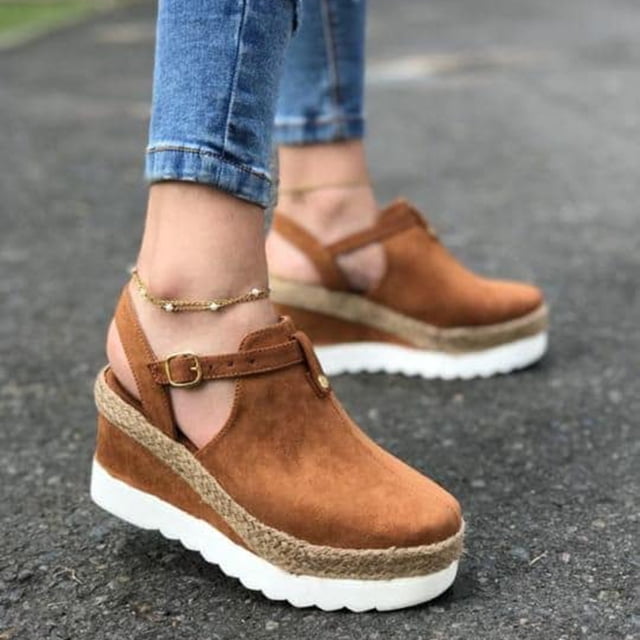 Sandalias de mujer, zapatos planos de fondo grueso de paja con correa de hebilla de cuña Vintage, zapatos femeninos Wmkox8yii sa1435