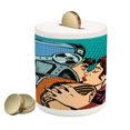 thumbnail image 1 of Love Piggy Bank, Astronaut Kisses His Wife Illustration Vintage Pop Art Retro Style Print, Ceramic Coin Bank Money Box for Cash Saving, 3.6" X 3.2", Petrol Blue and Brown, by Ambesonne, 1 of 4