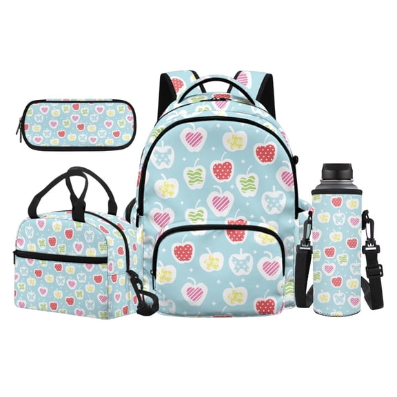 Jeiento Cartoon Apple 17 Inch Kids Backpack Set 4-Piece Lunch Bag Pencil Case Water Bottle Holder Lightweight Large Capacity Schoolbag for Boys Girls Back to School, Blue