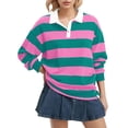 thumbnail image 2 of Women Long Sleeve Striped Polo Shirt Oversized Collar Y2k Pullover T Shirt Casual Loose Streetwear Rugby Sweatshirt，Light pink，M, 2 of 6