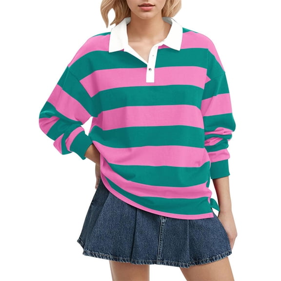 Long Sleeve Shirts for Women Striped Oversized Collar Y2k Polo Shirt Casual Loose Streetwear Rugby Tshirts