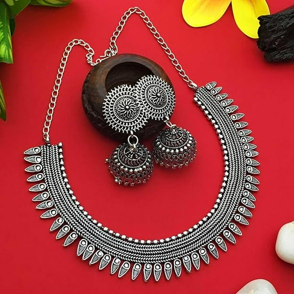 Latest Stylish Design Fancy Traditional Oxidised Silver Necklace Jewellery Set for Women Boho Fashion Wedding Jewelry Gift