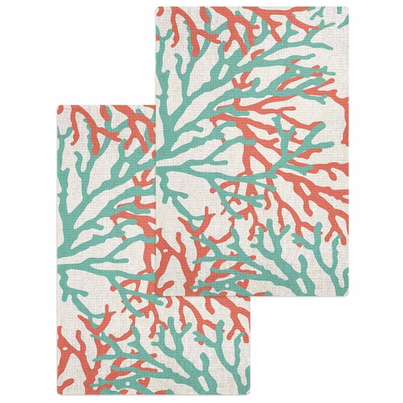 Teal Red Coral Hand Towels Set,Waffle Weave Kitchen Towels 2Pcs,Summer Ocean Nautical Coastal Rustic Burlap Microfiber Hair Face Bath Tea Towel Absorbent Quick Drying Cleaning Dish Cloths 15.7"x23.6"