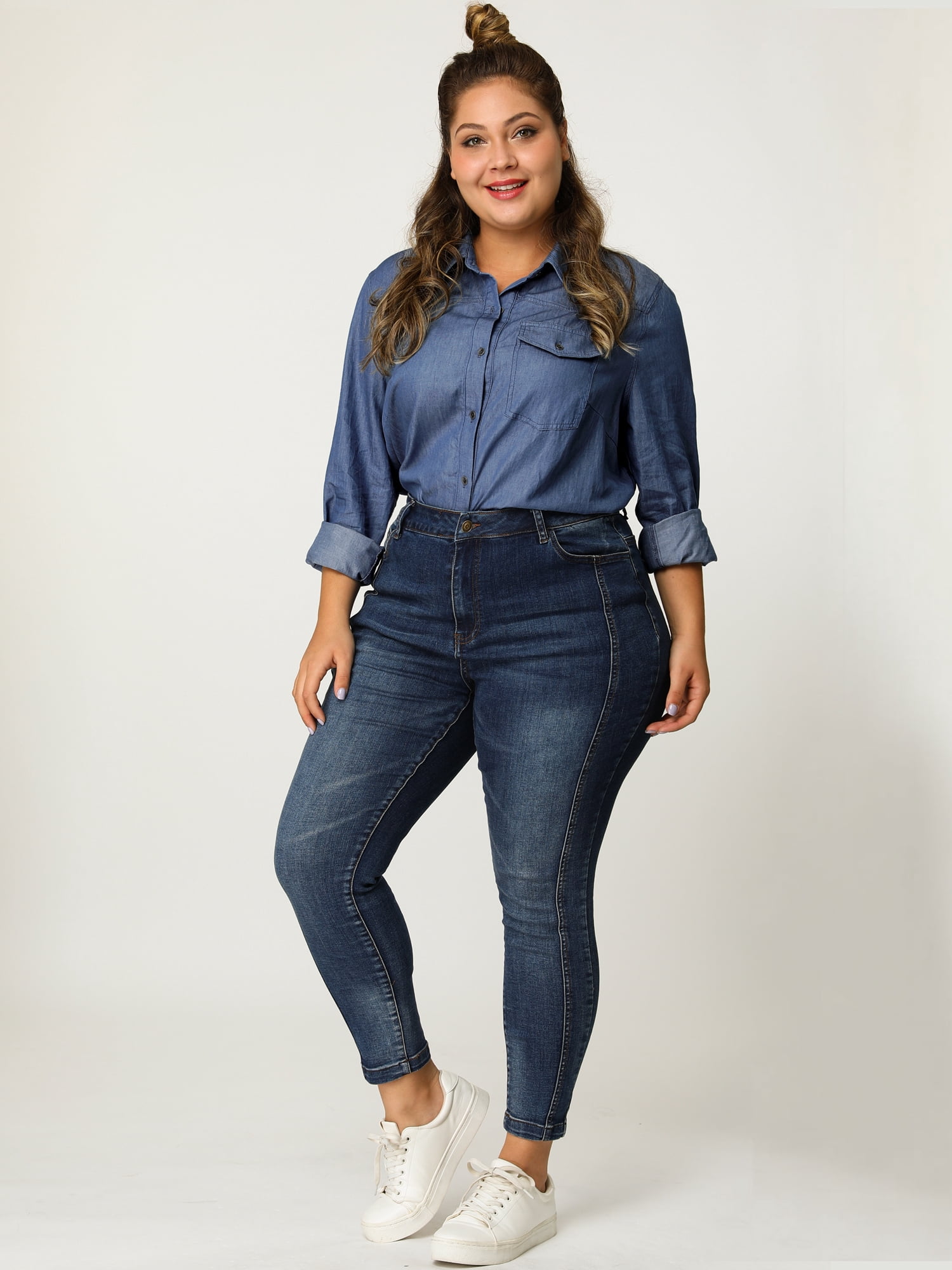 DARING DIVA Women's Plus Chest Pocket Long Sleeve Denim Chambray Shirt 6X Blue