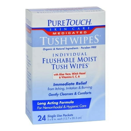 Pure Touch Skin Care Individual Flushable Moist Tush Wipes Medicated Packets, 24 Ea , 2 Pack