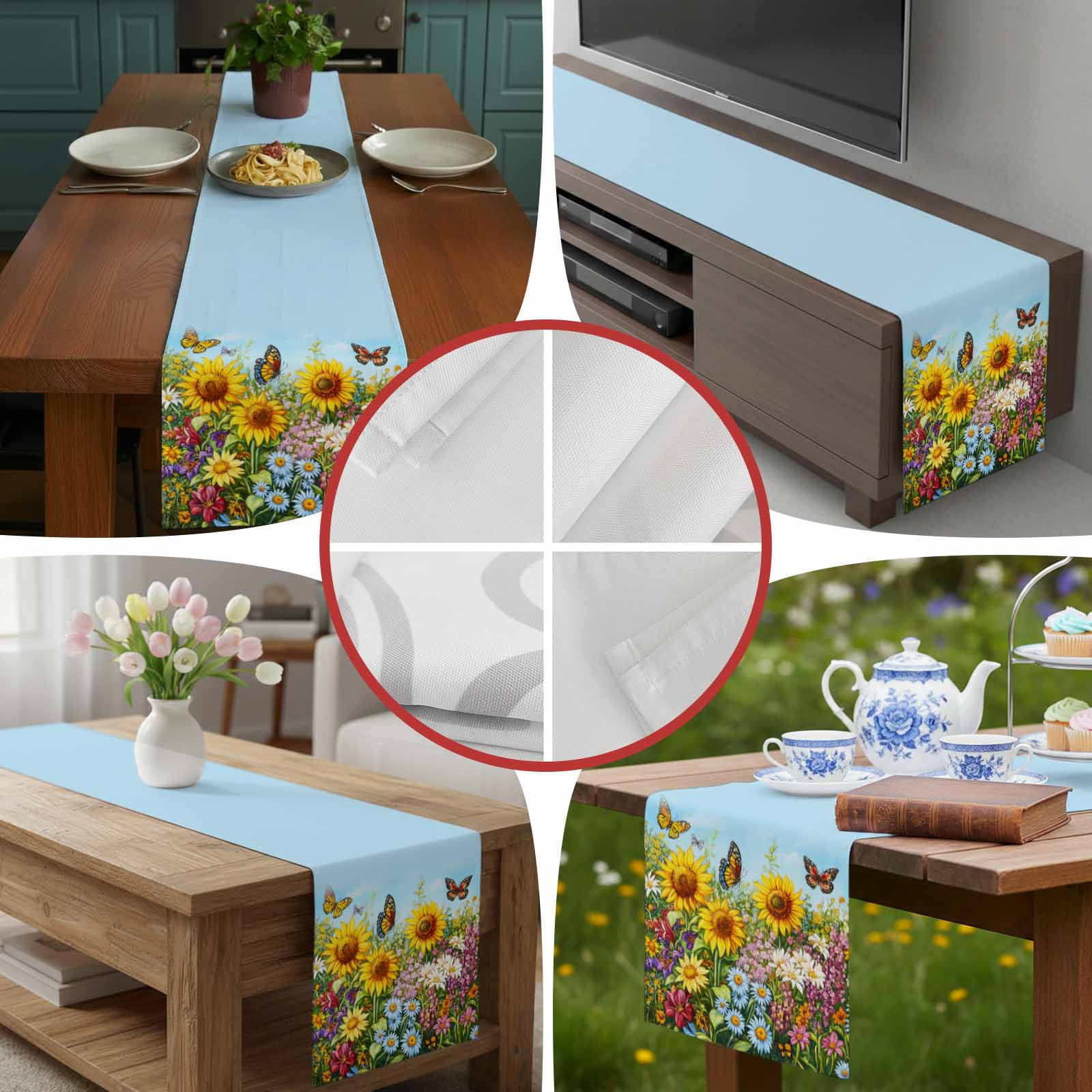 Summer Idyllic Sunflower Daisy Butterfly Table Runner 90 Inches Long, Watercolor Flower Table Runners Tabletop Scarf Kitchen Dining Tables Decoration for Home Party Indoor Outdoor