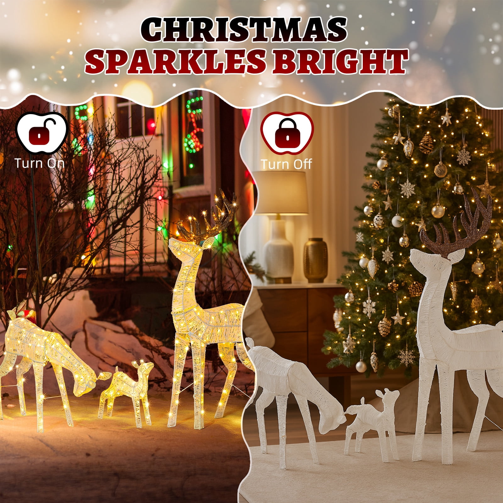 Astoutdoor 3-Piece Lighted Christmas Reindeer Family Set, Pre-Lit 280 LED Warm White Lights, White, Indoor Outdoor Holiday Decoration