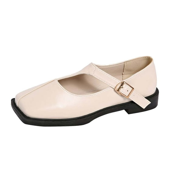 Xfvqtps Womens Mary Jane Shoes Adjustable Buckle Strap Square Toe Leather Upper Low Heel Comfortable Casual Flats Slip on Footwear Beige