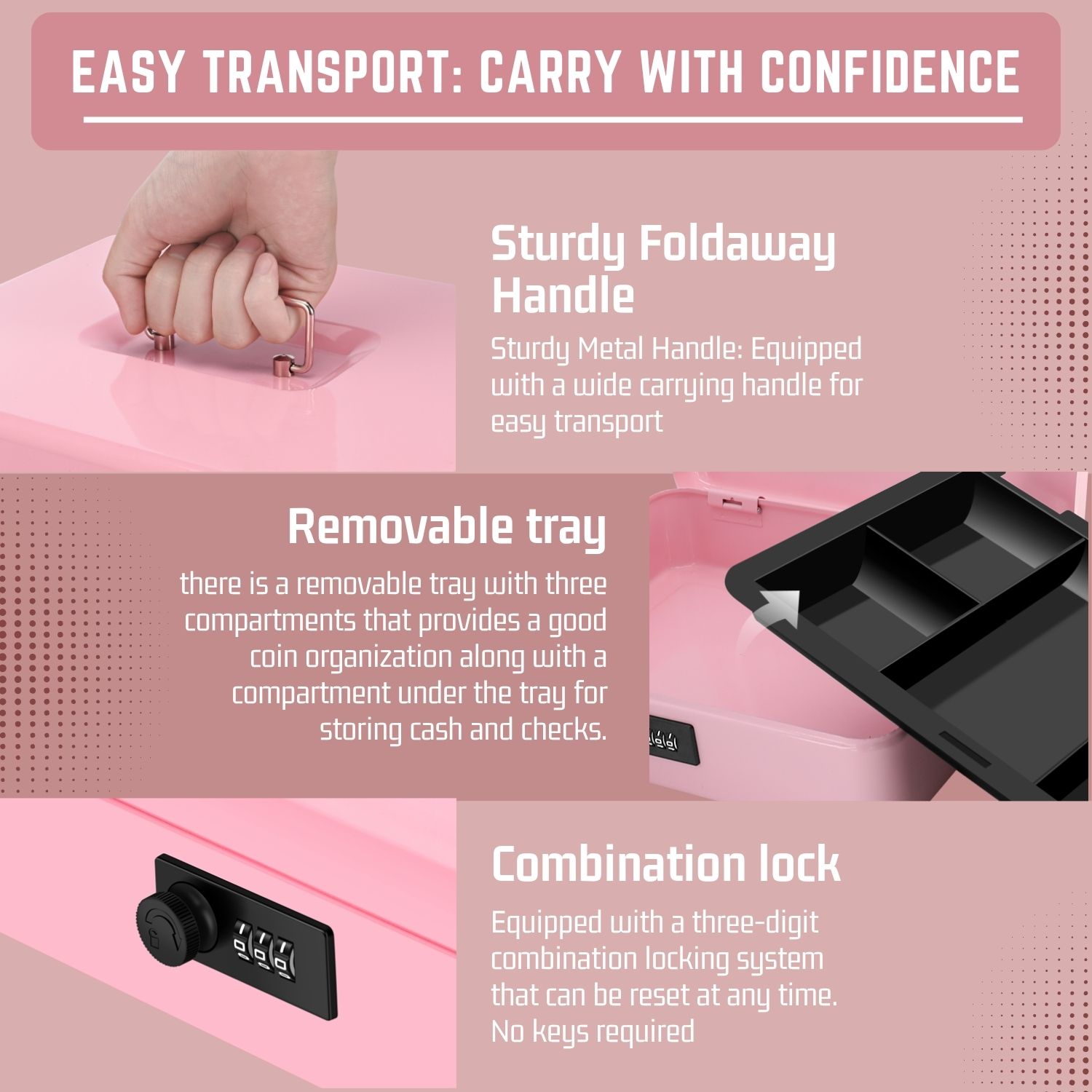 Cash Box with Combination Lock - Metal Cash Box with Money Tray and Lock - 5-Compartment Money Lock Box for Cash, Petty Cash, Checks, Coins, 11.8"x 9.4"x 3.5", Pink