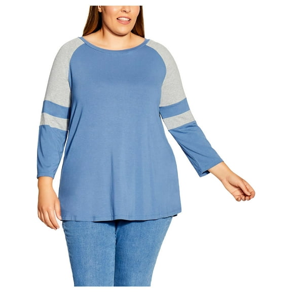 Avenue Womens Plus Baseball Tee Stripe Sleeves T-Shirt