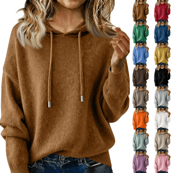 Warm Sweaters for Women Crew Neck Soft Hoodies Fall Winter Cozy Knitted Drawstring Hooded Pullover 2026 Khaki 2XL