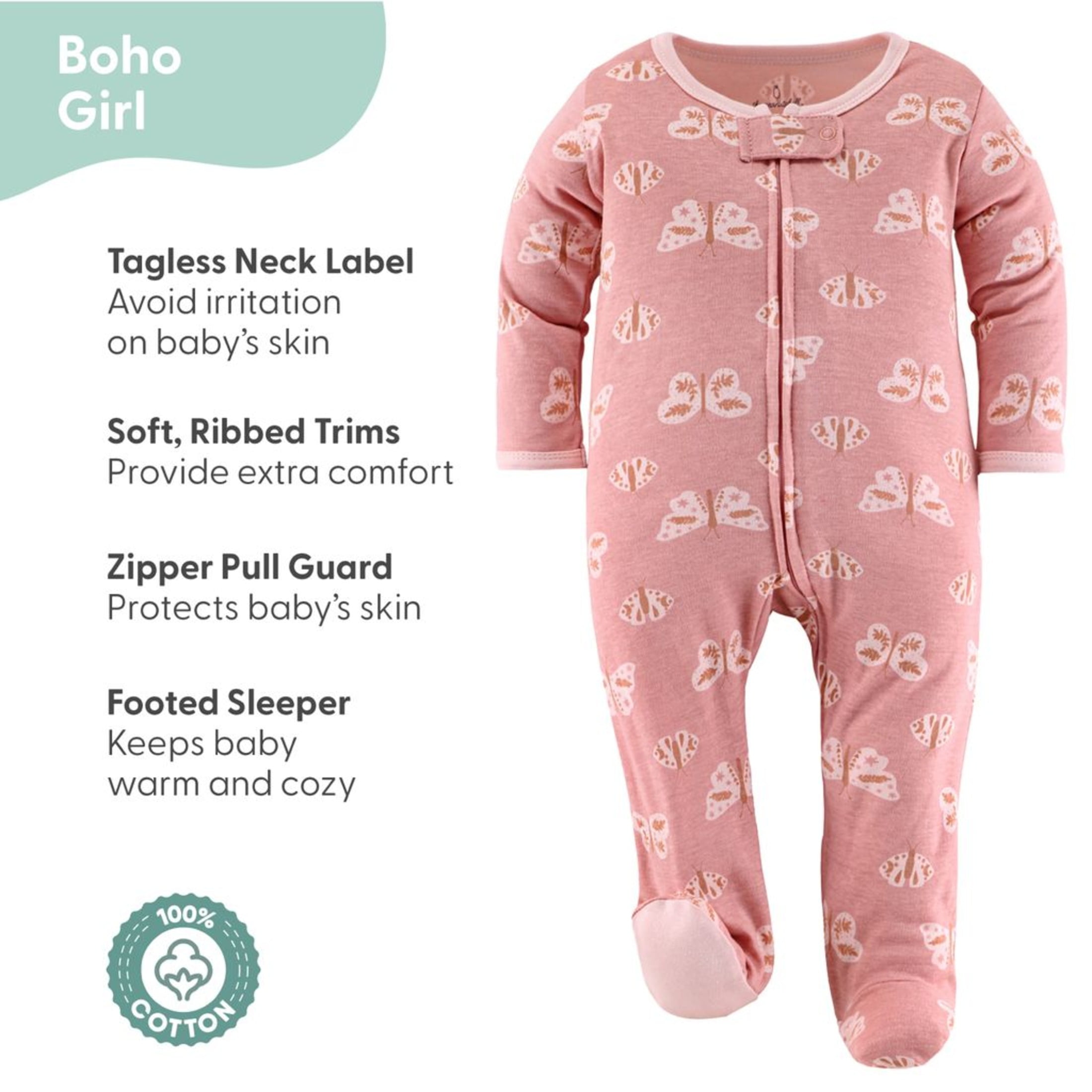 The Peanutshell Sleep n Play Boho Butterfly Footed Pajamas for Baby Girls Set, 0-3 Months, 3-Pack