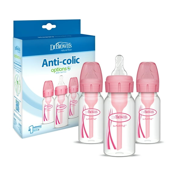 Dr. Brown’s Natural Flow Anti-Colic Options  Narrow Baby Bottle, Pink, 4oz, Slow Flow, 0m , 3 Pack