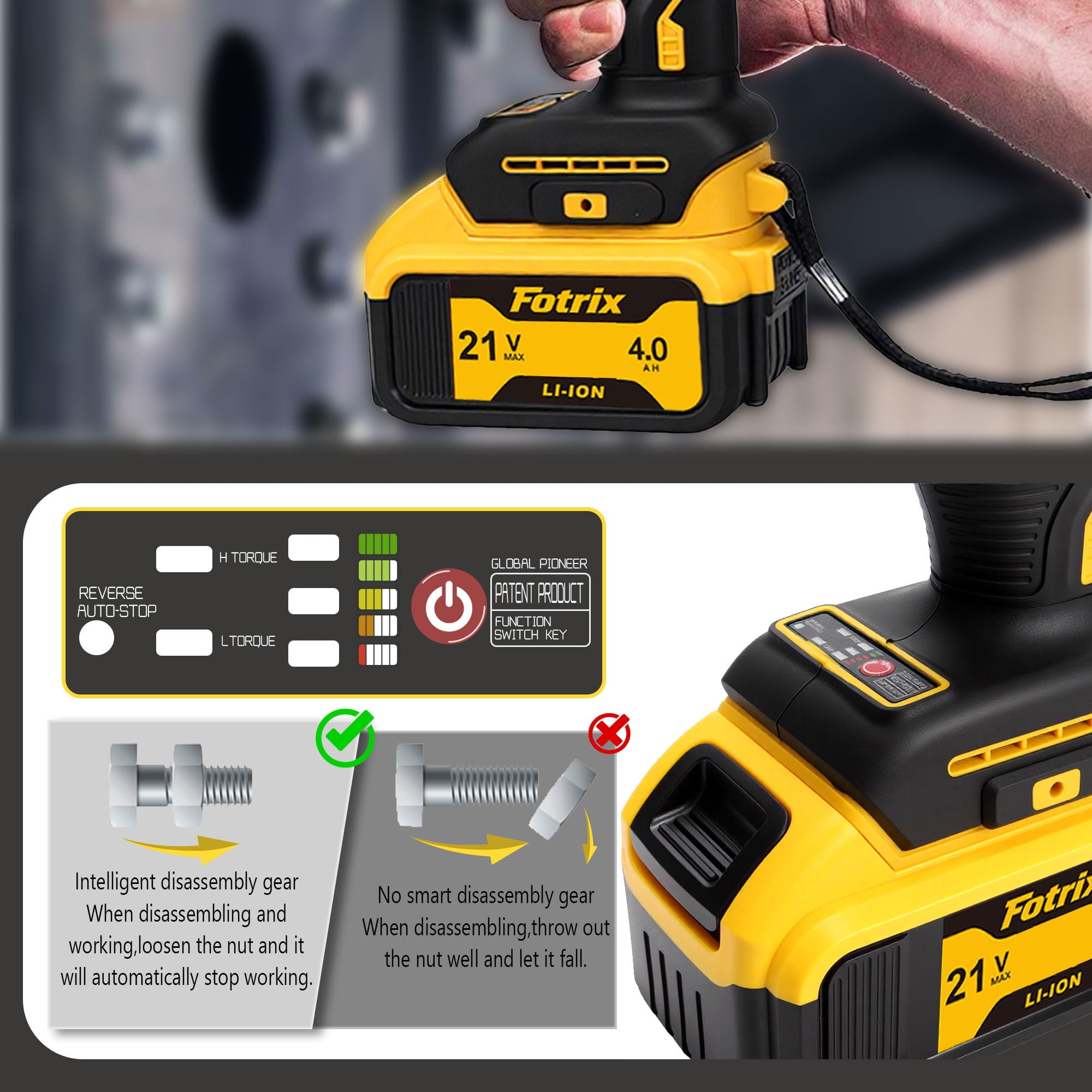 Fotrix 21V Brushless 1/2" Impact Wrench Kit, 3-in-1 Heavy Duty Drill & Driver, 1 x 4.0Ah batteries Suitable For Home Repair, Cordless Impact Gun for Auto Repair