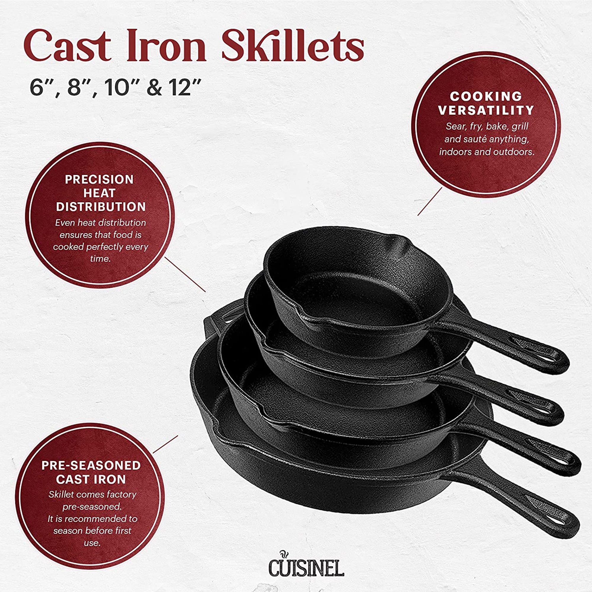 Cuisinel Cast Iron Skillets Set - 4-Piece Chef Pans - 6 + 8 + 10 +  12-Inch + 4 Heat-Resistant Handle Holders - Pre-Seasoned Oven Safe  Cookware 
