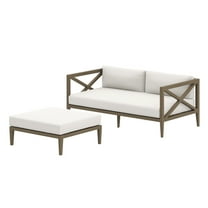 Lounge Loveseat Sofa and Ottoman, White, Teak Wood, Outdoor Patio Balcony Cafe Bistro Garden Hospitality Restaurant, Modern Contemporary, HB37917