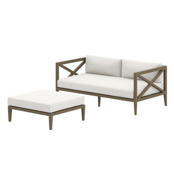 Lounge Loveseat Sofa and Ottoman, White, Teak Wood, Outdoor Patio Balcony Cafe Bistro Garden Hospitality Restaurant, Modern Contemporary, HB37917
