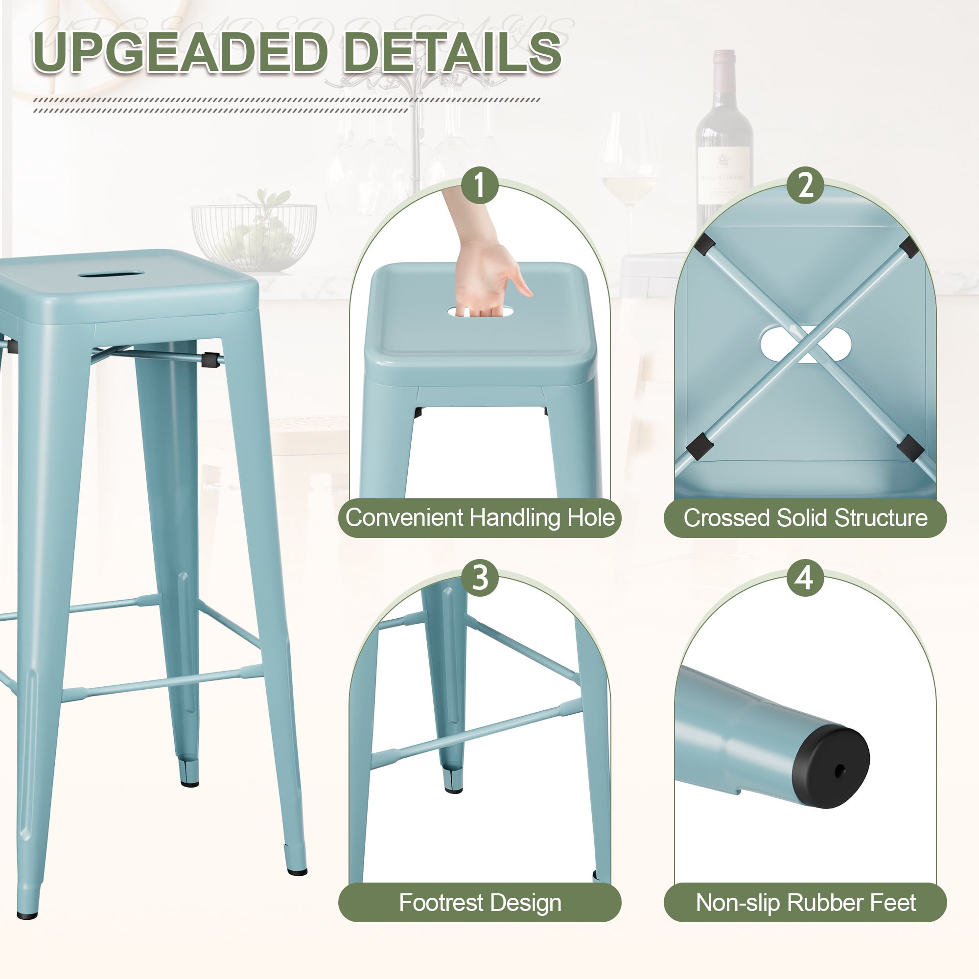 VINEEGO 30 inches Metal Bar Stools High Backless Stackable Stools Indoor-Outdoor Counter Stools Set of 4 (Blue))