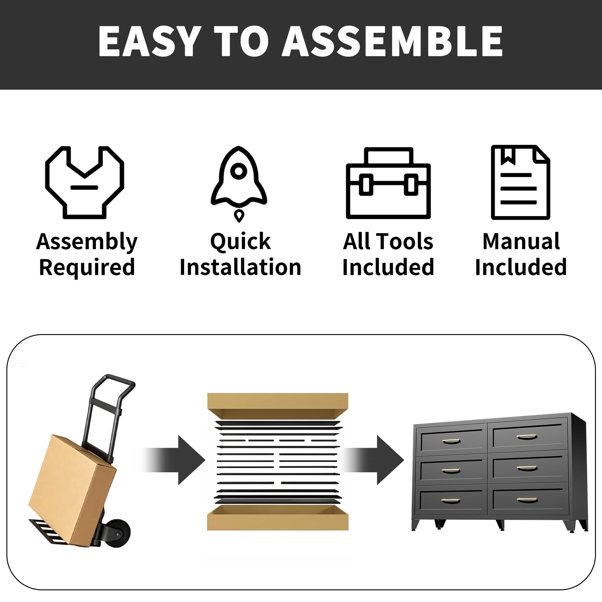ShiKeyi 6 Drawer Dresser for Bedroom, Modern Metal Wide Storage Chest with Metal Handles and Legs, Black