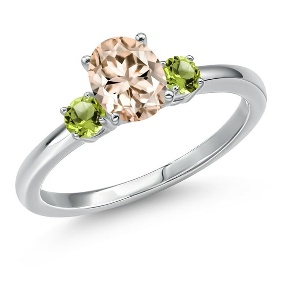 Gem Stone King 14K White Gold Peach Morganite and Green Peridot Engagement Ring for Women | 0.89 Cttw | Oval 7X5MM | Gemstone October Birthstone | Size 7