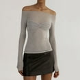 thumbnail image 2 of FAIWAD Women Off Shoulder Crop Tops Long Sleeve Slim Stretch Ruched Solid Color Pullover Tops, 2 of 5