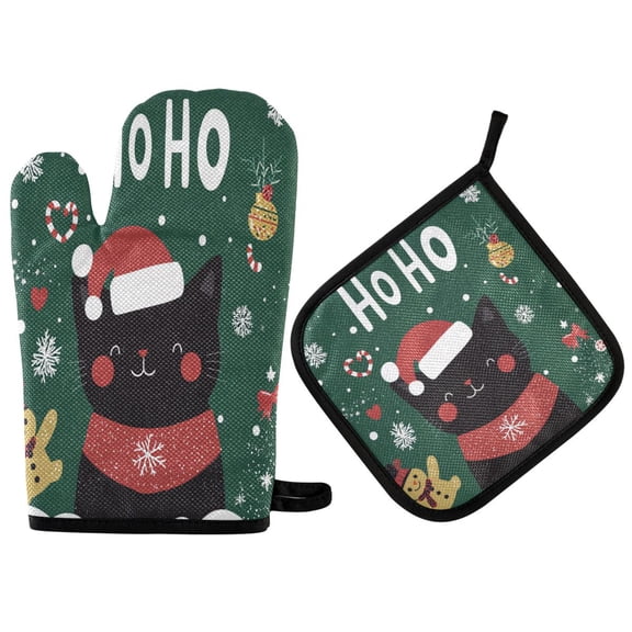 Yayeee Oven Mitts and Pot Holder Set of 2 Heat Resistant Kitchen Gloves Baking Hot Pad, Christmas Cat
