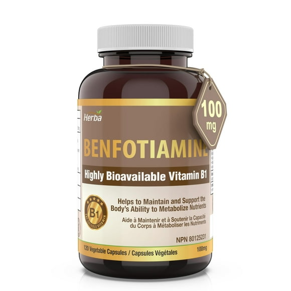 Herba B1 Benfotiamine 100mg - 120 Gélules Vitamine Liposoluble B1 Fabriquée au Canada