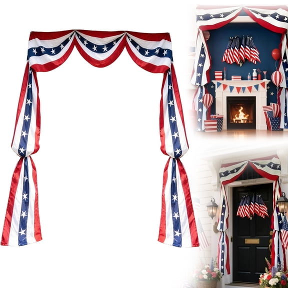 Patriotic American Flag Door Swag,55.12X32.28inch Red White Blue Star Print Fabric Bunting, 4th of July Independence Day Memorial Day Porch Window Decoration