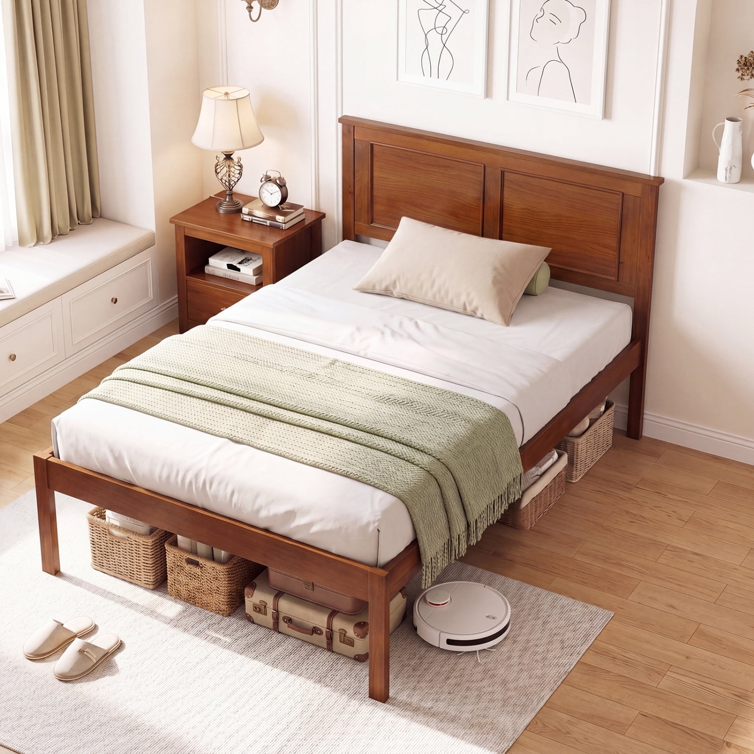 Furnibear Twin Size Wood Platform Bed Frame with Paneled Headboard and Plywood Slat Support for Farmhouse Bedroom, Walnut
