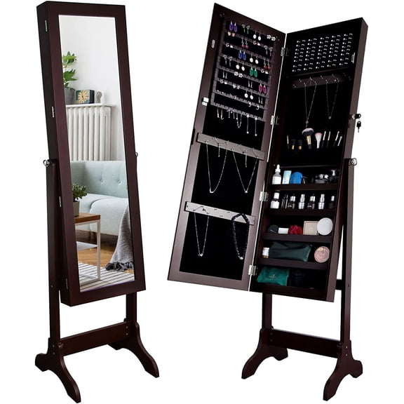 Jewelry Armoire with Mirror, Lockable Large Jewelry Cabinet with Standing Mirror Jewelry Holder Organizer Storage, 4 Angle Adjustable, Perfect Christmas Gift (Brown)