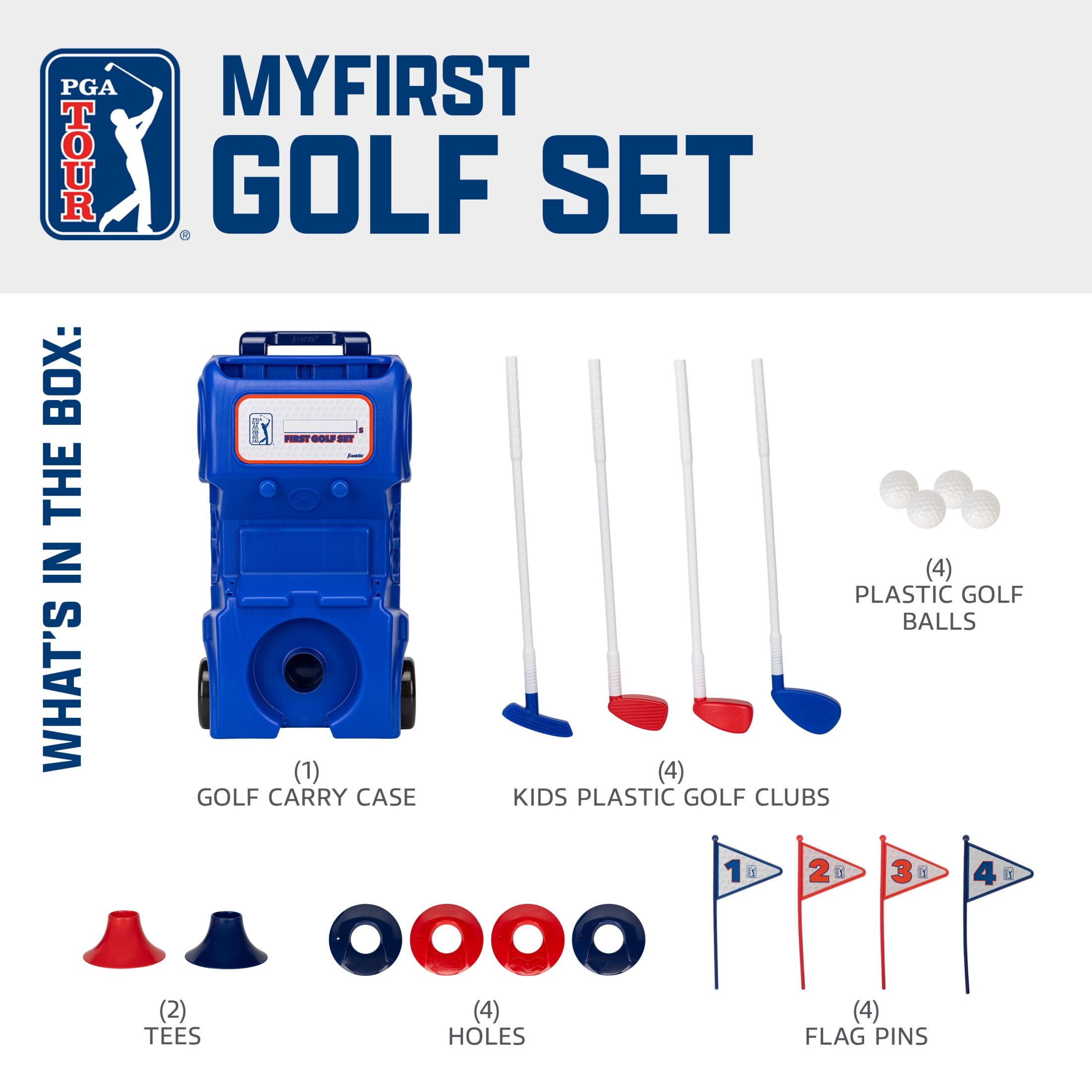 Franklin Sports Kids Toy Golf Set - PGA Tour MyFirst Plastic Golf Clubs + Balls Set for Kids + Toddlers - Righty + Lefty - Includes Carry Case, (2) Tees, (4) Balls, (4) Holes with Flags