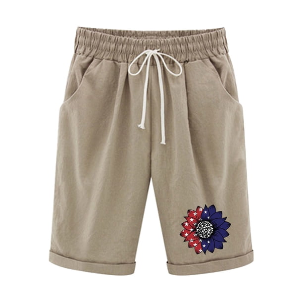 Pantalones Cortos Casuales para Mujer Día de la Independencia Impreso Elástico de la Cintura, Pantalones Cortos de Verano para Mujeres