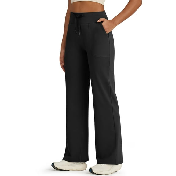 G4Free Fleece Lined Pants Women Warm Sweatpants Straight Leg High Waisted Tummy Control Yoga Pants Pull On Slacks (Black,S,30")