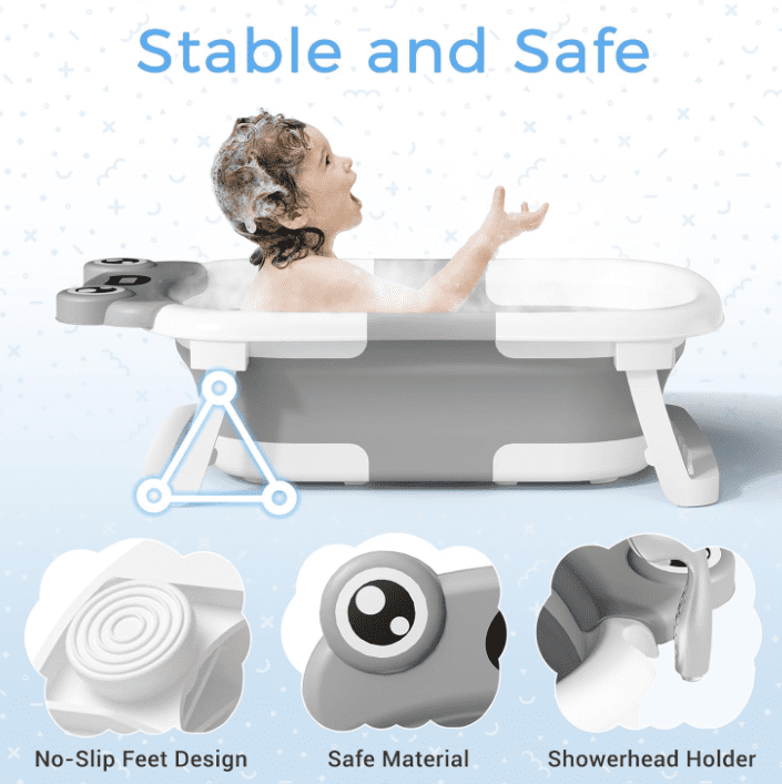 Baby Bathtub, Collapsible Newborn Bathtub for Infant to Toddler with Soft Cushion and Thermometer, Portable Travel Newborn Tub with No-Slip Feet, The Perfect Baby Shower Gift—Pink