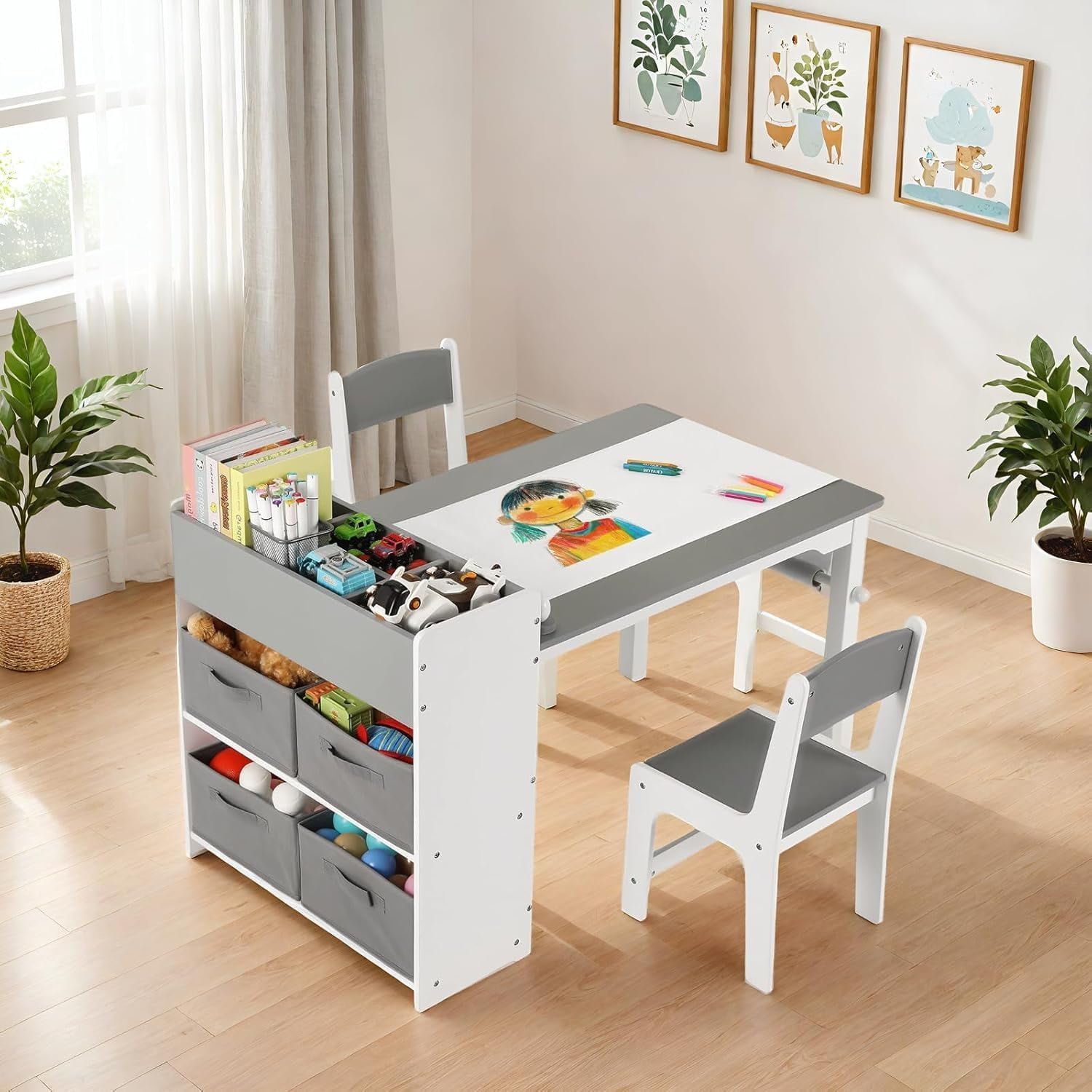 LAZY BUDDY Kids Art Table & Chairs Set, Wooden Toddler Activity Table Set with Storage Bins, Storage Shelves and Paper Roll for Playroom, Daycare