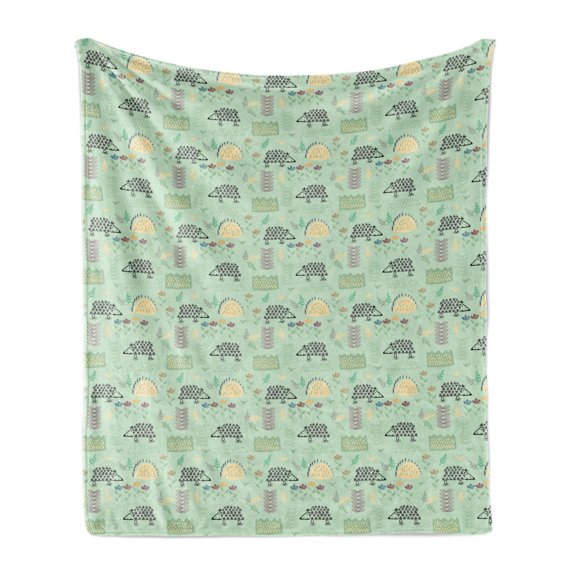 Childish Soft Flannel Fleece Throw Blanket, Hedgehog Forest Herbs Leaves Flowers Pastel Scandinavian Doodle Kids, Cozy Plush for Indoor and Outdoor Use, 50" x 70", Mint Green Grey Peach, by Ambesonne