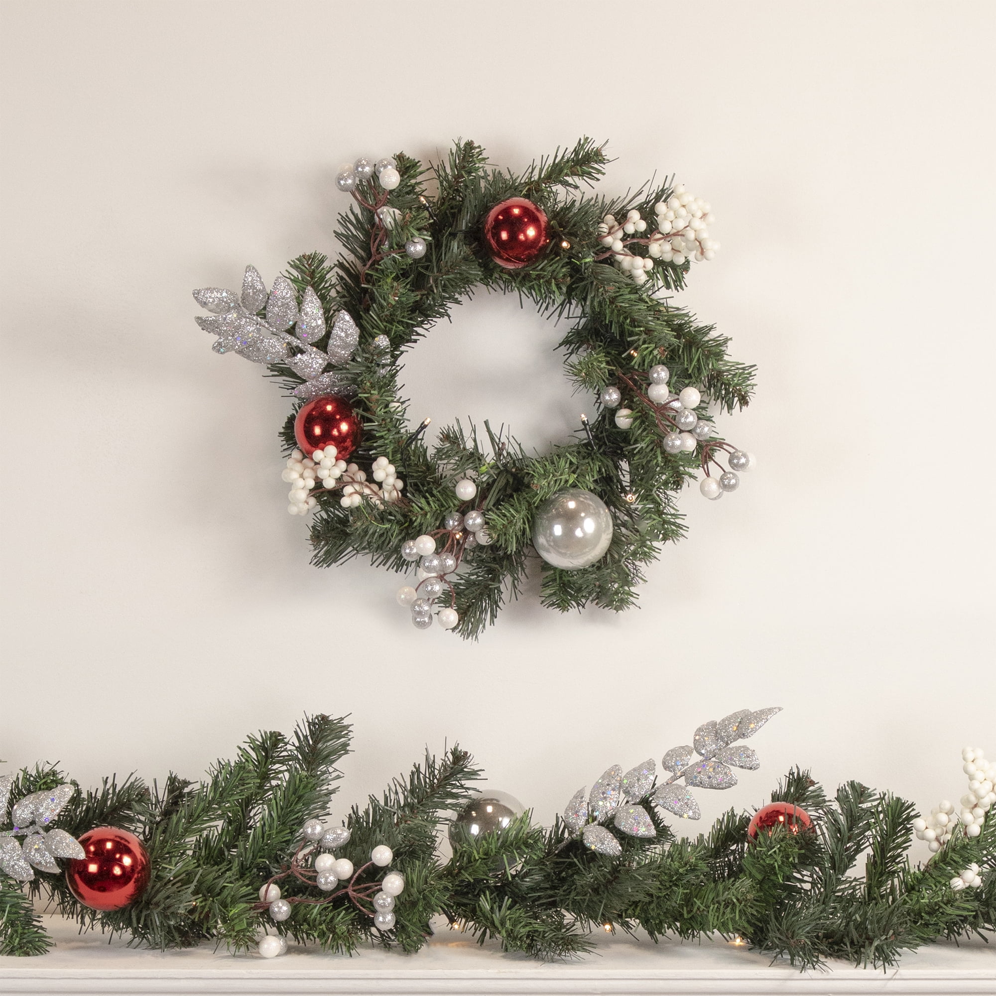 9' Pre-Lit Decorated Green Pine Artificial Christmas Garland Warm White LED Lights