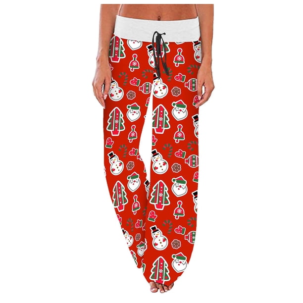 Pantalones Navideños Para Mujer, Pantalones de Chándal de Pierna Ancha Con Cintura Elástica de Talla Grande Para Invierno, Pantalones Holgados Con Cordón Y Copos de Nieve de Alce de Navidad Odeerbi ODB-6