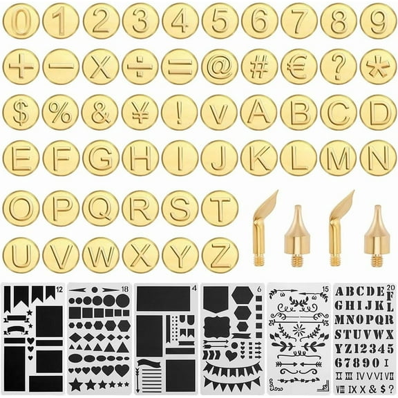 56Pcs Wood Burning Tip Gold Letter Number Brass Head Hot Stamps Tips Kit Alphabet Number Symbol Pyrography Head with 6 Styles Plastic Journal Painting Stencil DIY for Wood DIY Embossing Carving