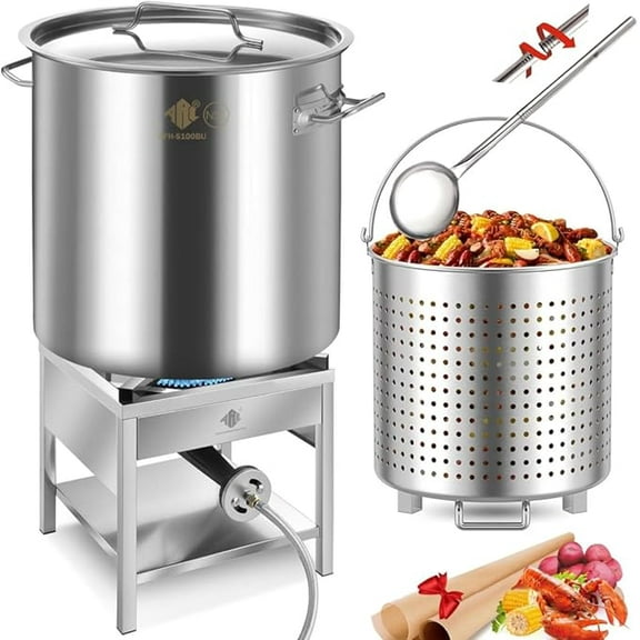 100QT Stainless Steel Seafood Boil Pot with 200,000BTU Propane Burner and 48" Large Spoon, w/Basket for Outdoor Deep Fryer, Large Cooking Pot for Turkey Fryer, Crab, Crawfish, Shrimp