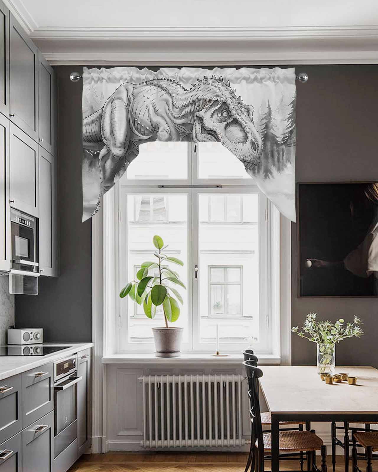 Dinosaurs Boy Swag Curtains for Kitchen Gray Funny Cartoon Forest Animals Valances for Windows Rod Pocket Small Window Treatment Short Topper for Cafe Bedroom Bathroom Living Room Decor 56x36 Inch