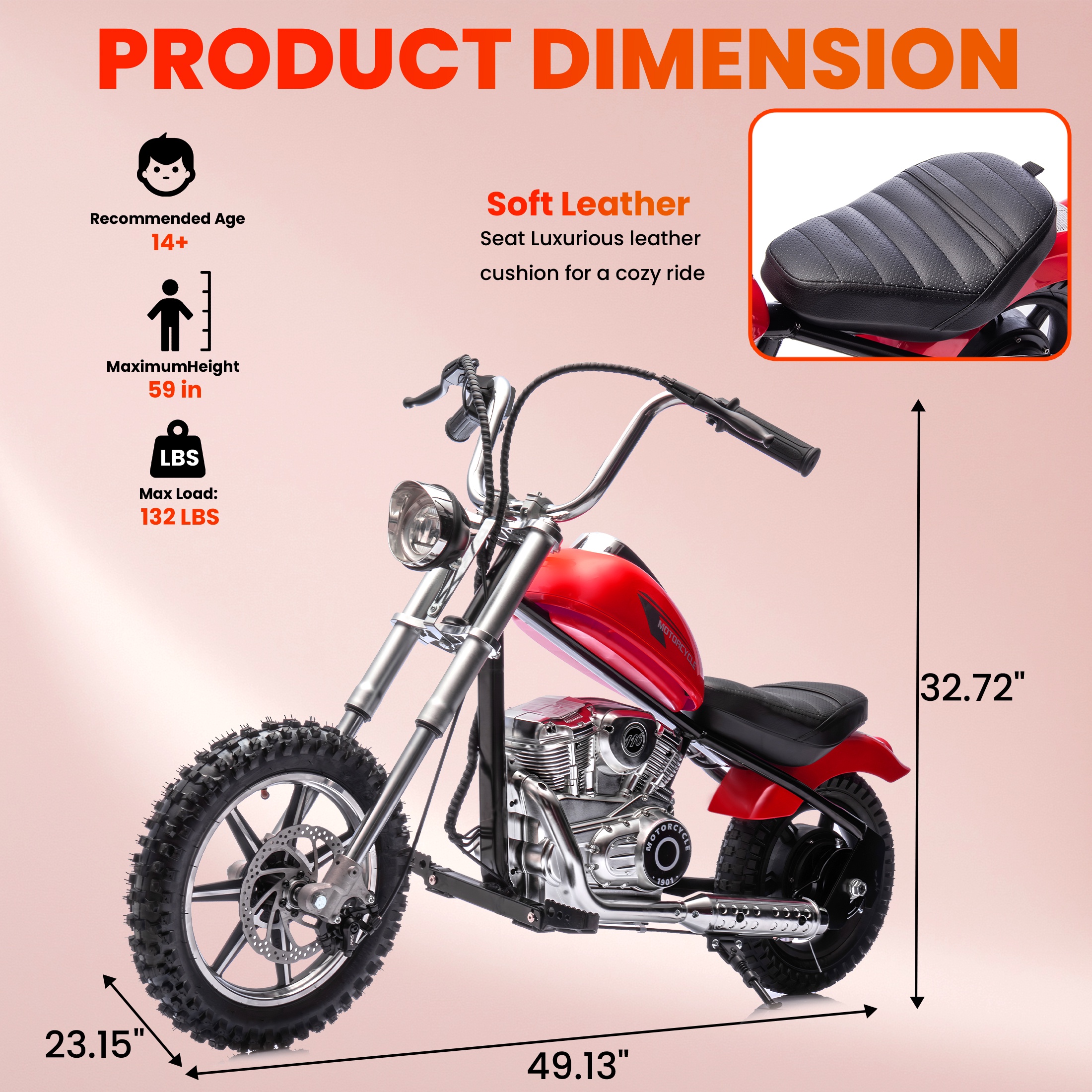 36V Power Ride on Motorcycle for Teen, Kids Electric Motorcycle with Front Wheel suspension, LED Light, Top Speed 13.6 Mph, Electric Dirt Bike for Boys Girls, Red
