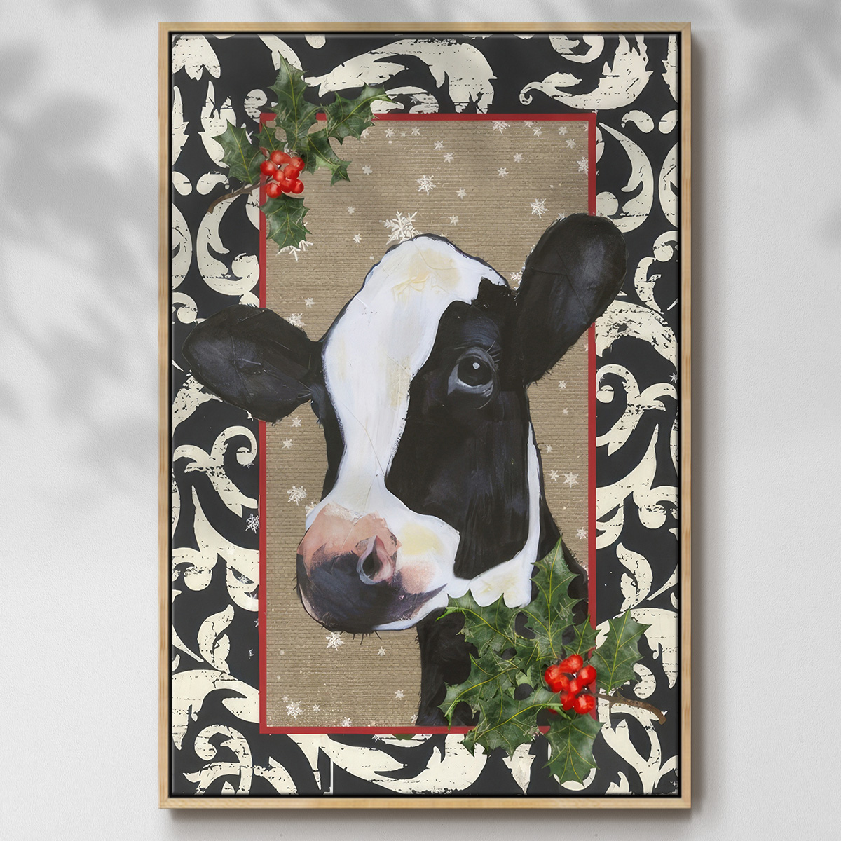 County Christmas Farm I - Framed Gallery Wrapped Holiday Canvas - 25 x 37 - Natural Wood Frame