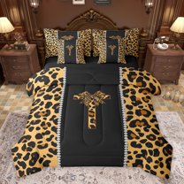 Feelyou Cheetah Print Letter T Bedding Comforter Set 7 Pieces, Chic Brown Bowknot Ribbon Full Bedding Set, Leopard Wildlife Animal Reversible Fitted Sheet Flat Sheet, Super Cozy Room Decor