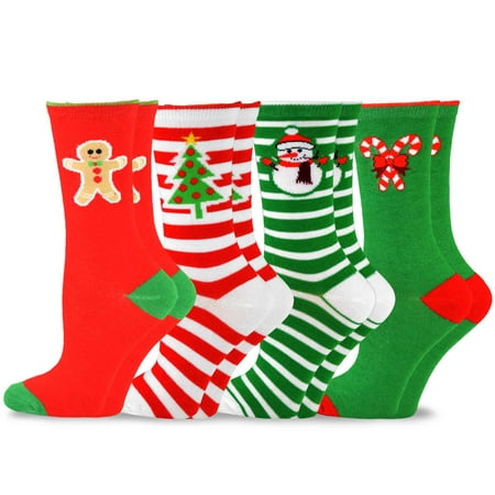 TeeHee Christmas and Holiday Fun Crew Socks for Women 4-Pack (4PK-Tree Snowman Candy Cane)