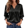 thumbnail image 5 of ClodeEU Women's Satin V Neck Ruff Cuff 3/4 Sleeve Button Down Blouse, Casual Silky Work Shirt Top Black,Women's Plus M, 5 of 9