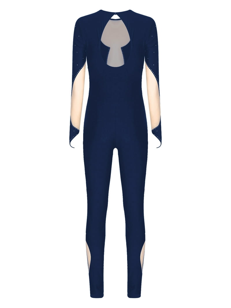 Drawes／Leotard Pile T-shirts NAVY Zaldita Women's Full Body Long Sleeve Rhinestone Unitard One